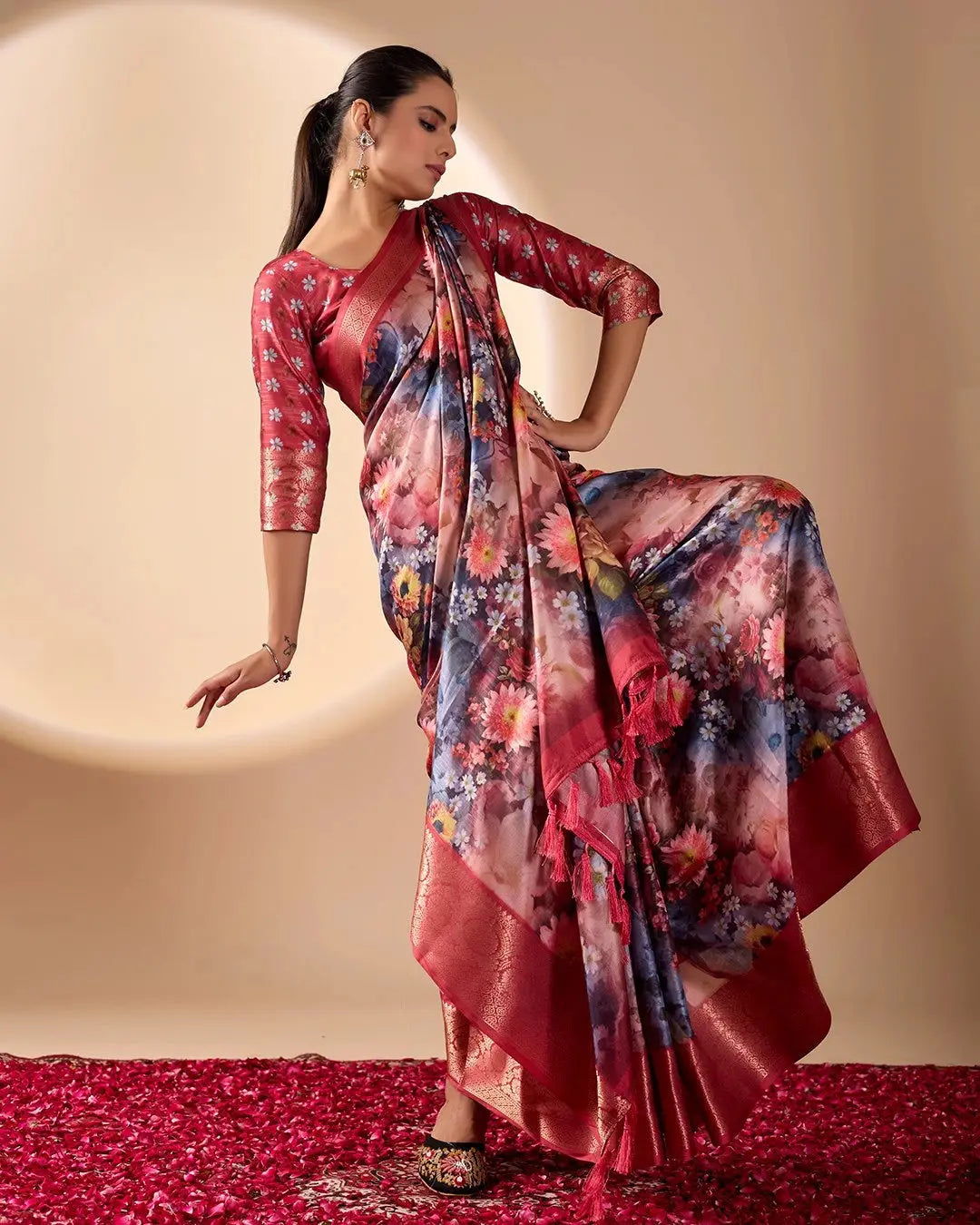 Soft Peach Digital Print & Zari Woven Border Soft Lichi Silk. – Kalyanja